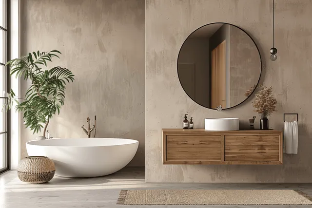 Minimalist bathroom interior with freestanding bathtub, wooden vanity, round mirror, and a potted plant near the window.