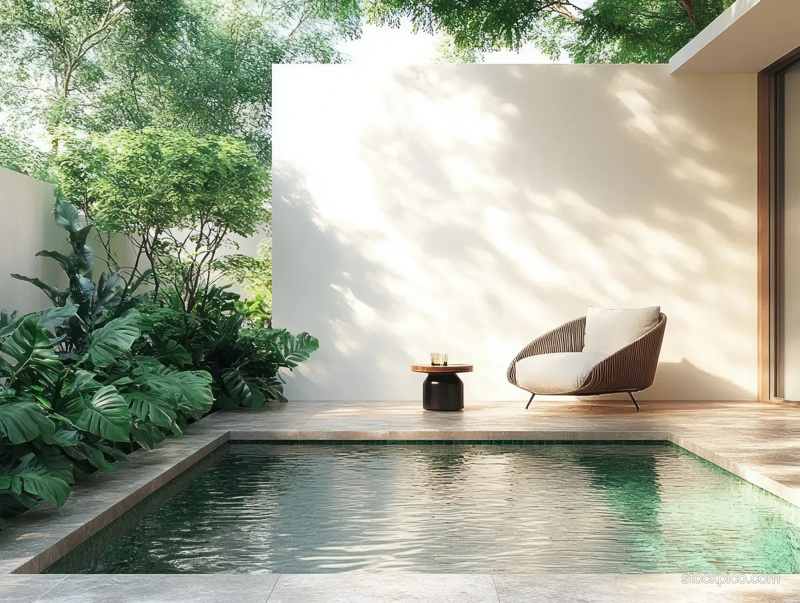 Sunlit lounge chair and small side table beside a clear swimming pool in a minimalist garden courtyard with leafy plants.