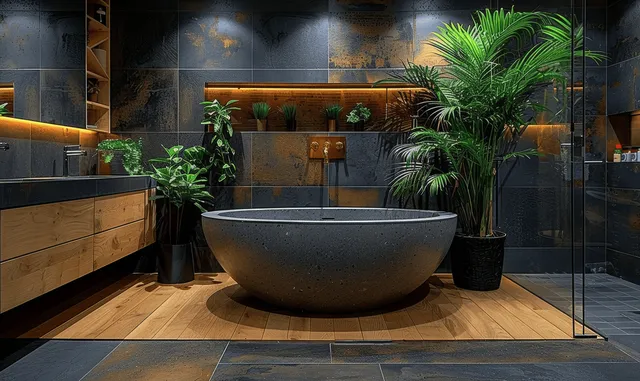 Modern bathroom interior with a stone bathtub, dark gray tiles, double sinks, glass cabinet, and potted green plants.
