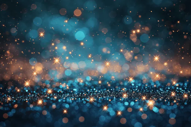 Abstract blue-green bokeh lights with gold dust sparkles swirl into spiral wave trails across a dark night sky backdrop.