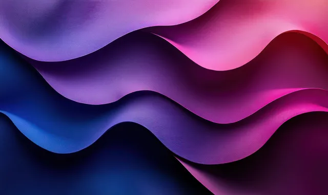 Geometric ribbon shapes in deep purple to bright blue gradient flowing background