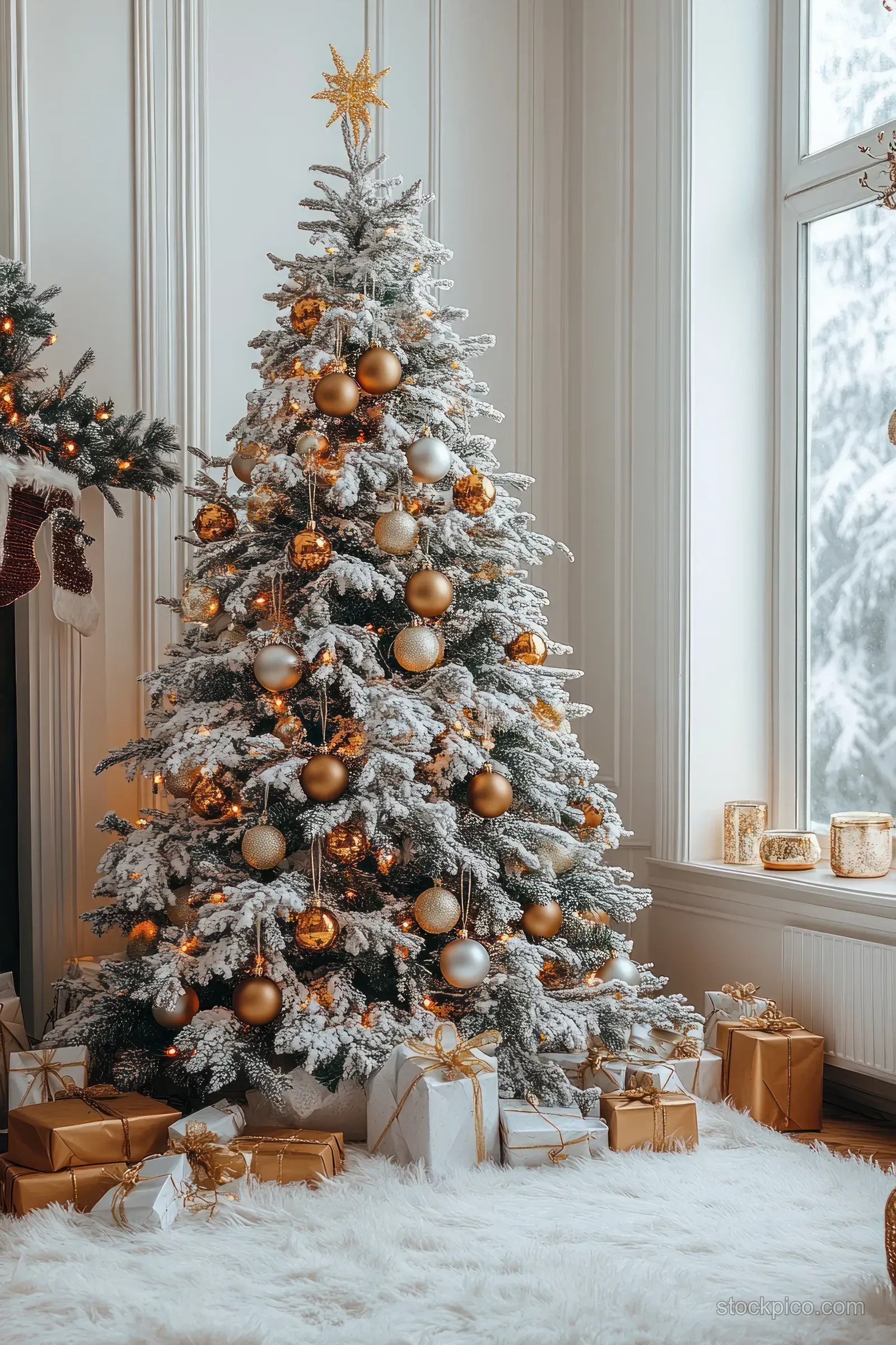 A snow-dusted floor and decorated Christmas tree with warm gold ornaments by a bright window indoors.