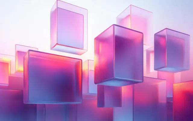 Pastel neon glass cubes float against a soft gradient background with glowing reflections and refraction.