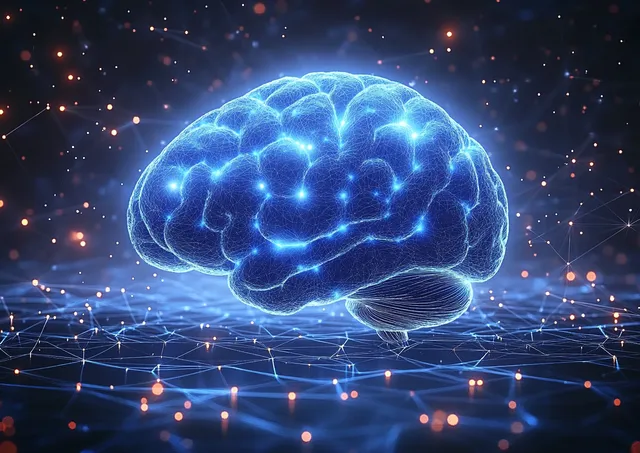 Glowing blue holographic brain hovers above network grid, sparking data-flow light particles