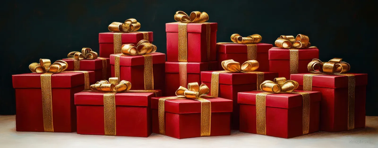 Neatly stacked red gift boxes with gold ribbons and bows arranged on a dark background.