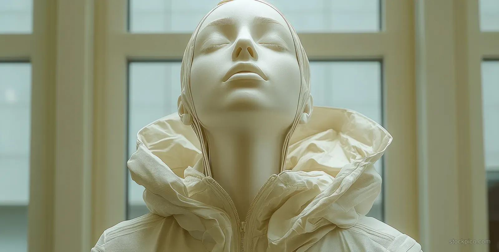 A beige zip-up jacket sits on a minimalist mannequin display with visible zipper and stitched seams.