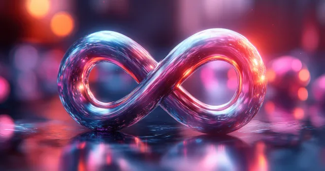 A neon infinity symbol glows above a blurred cyber network background.