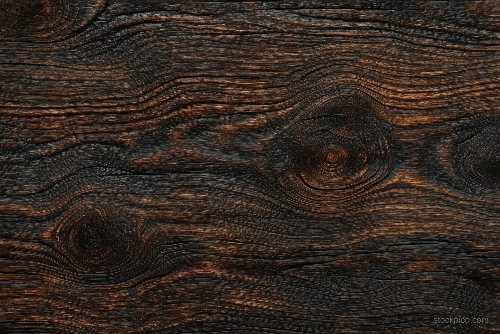 Dark weathered wood with swirling grain patterns and visible knots.