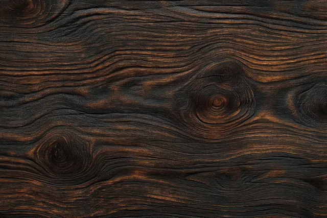 Dark weathered wooden surface with swirling grain and natural knots