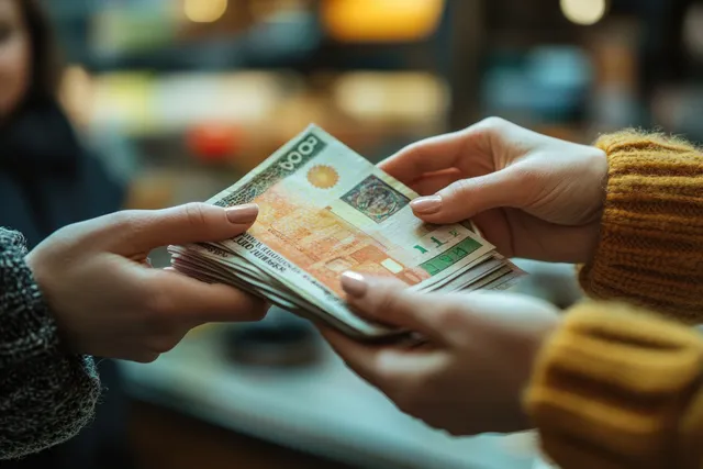 Two people’s hands hand over euro banknotes at a cafe counter under soft natural lighting.