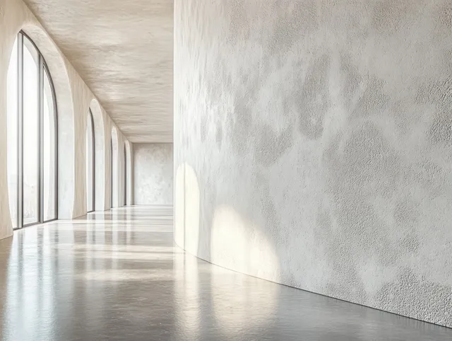 Sunlight streams through arched windows along a minimalist hallway with a reflective floor and curved textured white walls.