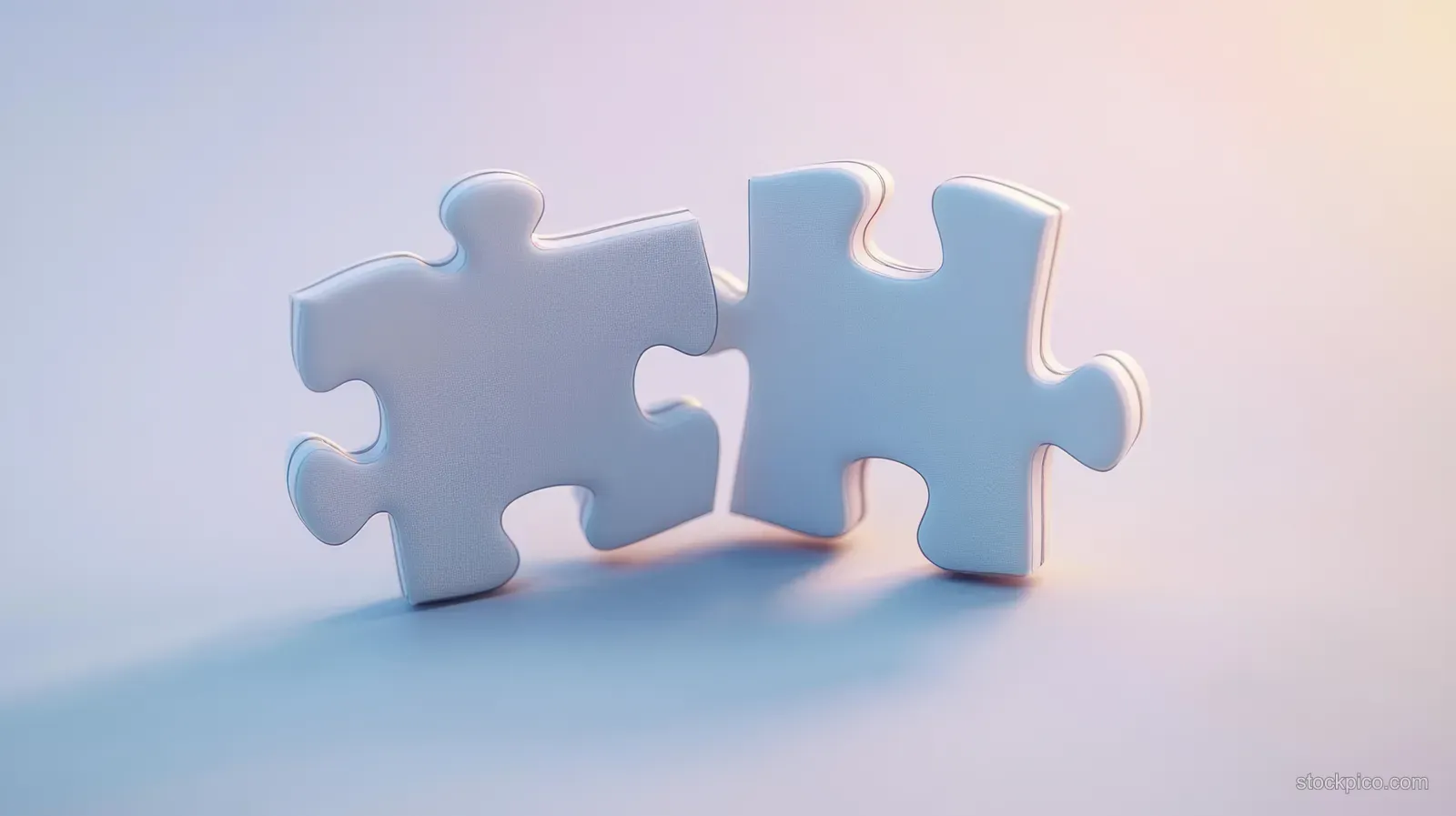 Two interlocking puzzle pieces, one white and one light blue, on a soft gradient background with subtle shadows.