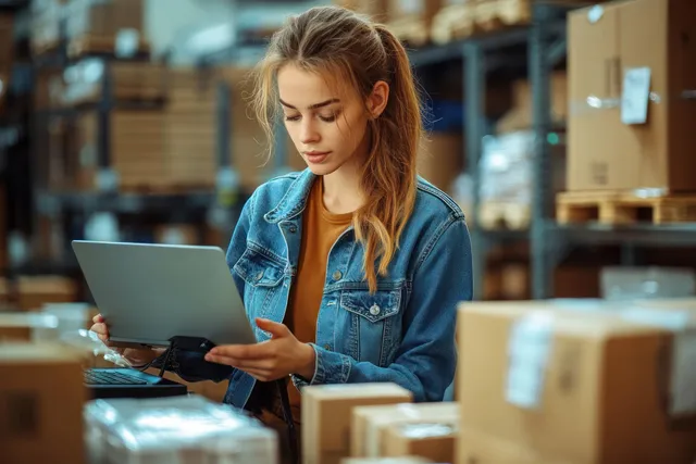 Young warehouse worker checking inventory on a laptop beside stacked shipping boxes
