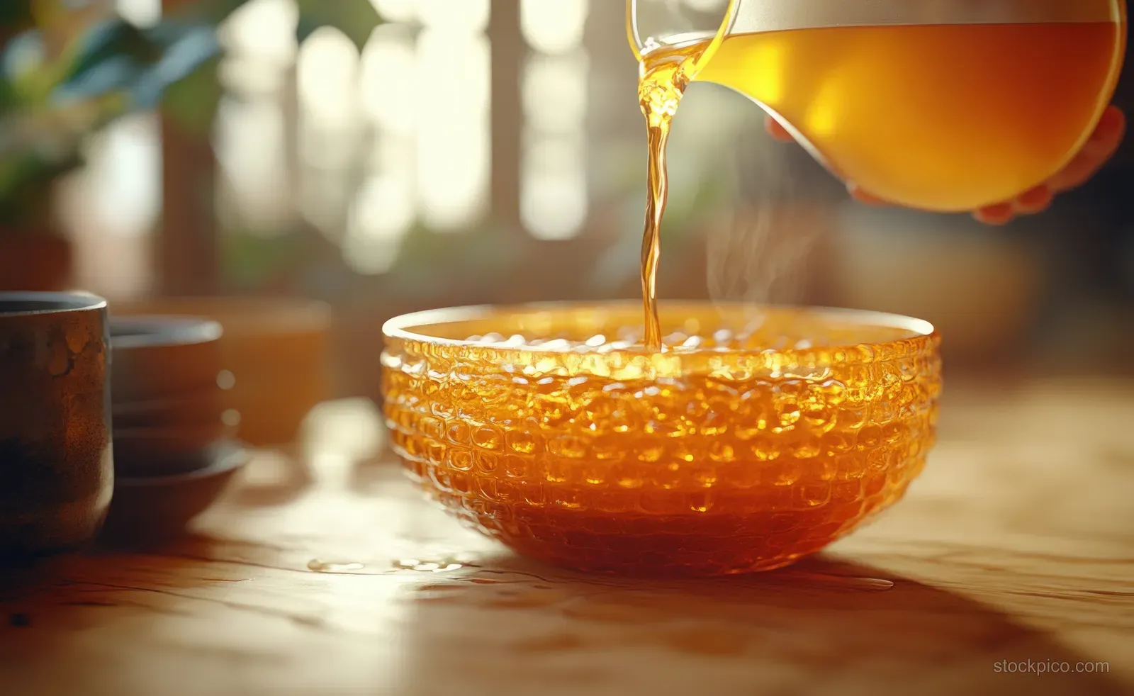 Woman pouring used cooking oil into a plastic bottle in a bright kitchen.