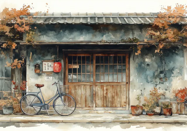A vintage bicycle stands outside a wooden Japanese shop with sliding doors and potted plants.