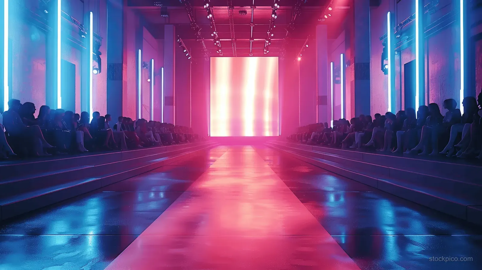 Neon-lit fashion runway in a dark event hall with silhouetted audience along both sides