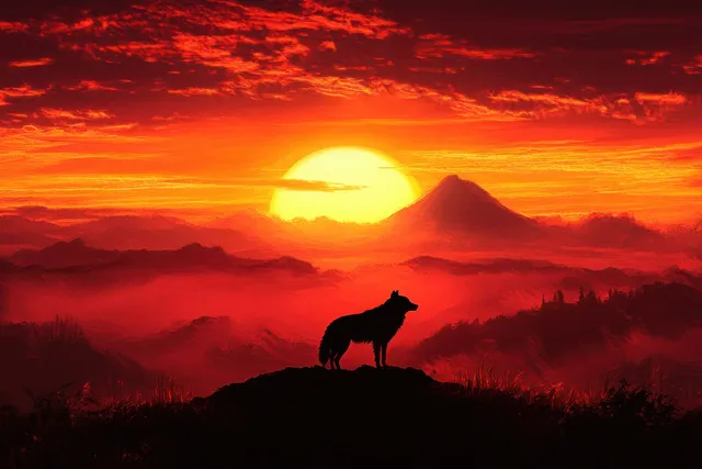 Silhouette of a wild boar standing on a ridge beneath Mount Fuji at a glowing red-orange sunrise.