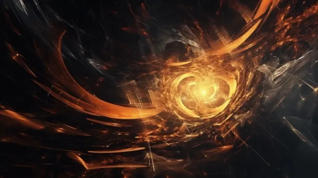 Orange and white spiral nebula swirls of glowing energy threads around a bright cosmic core in deep space.