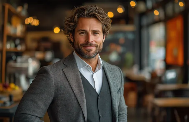 Confident businessman smiling in modern cafe, tailored suit against warm bokeh lights