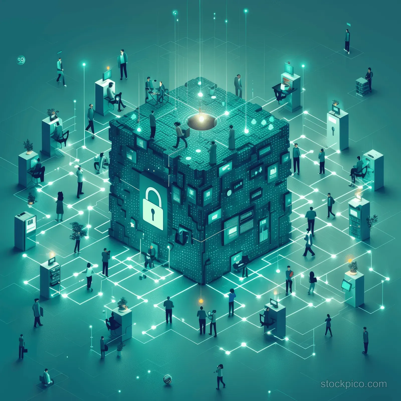 Isometric people stand around a glowing cube with a keyhole amid floating network nodes and data links.