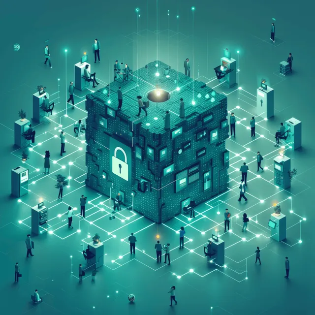 Isometric people stand around a glowing cube with a keyhole amid floating network nodes and data links.