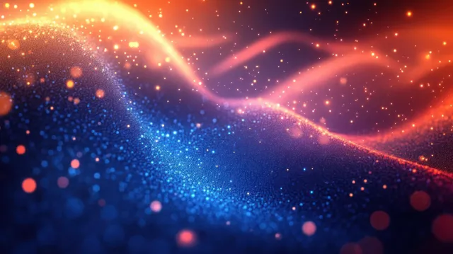 Blue and orange glowing particle waves curve across a dark background with sparkling light trails.