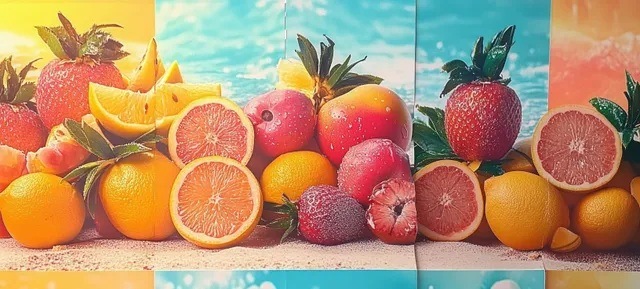 A vintage collage shows oranges, strawberries, and other tropical fruits arranged in panels with beach-like blue colors.