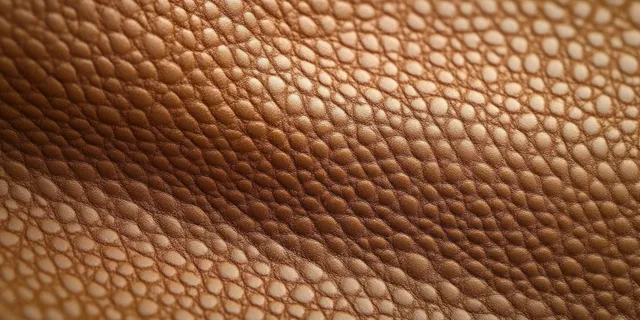 Beige leather grain closeup with soft light reflections across smooth textured surface