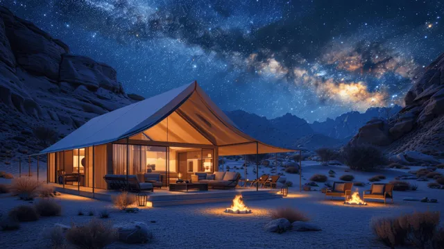 Glamping tent with outdoor seating and fire pit under a bright Milky Way sky over dark mountains at night.