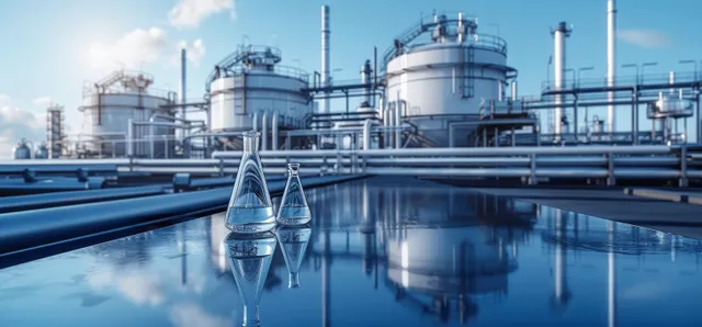 Hydrogen energy plant with tall tanks and reflective pipework under blue sky