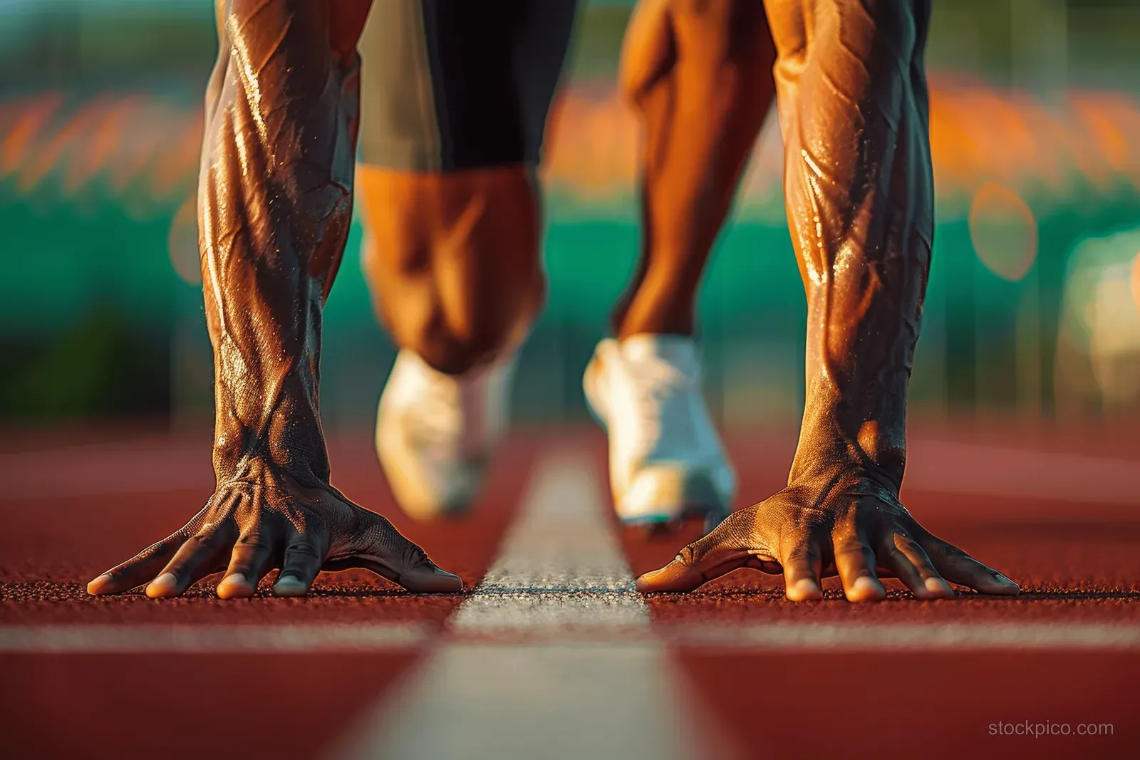 Athlete’s feet planted on starting blocks on a running track with sprinters blurred in the background at sunset.