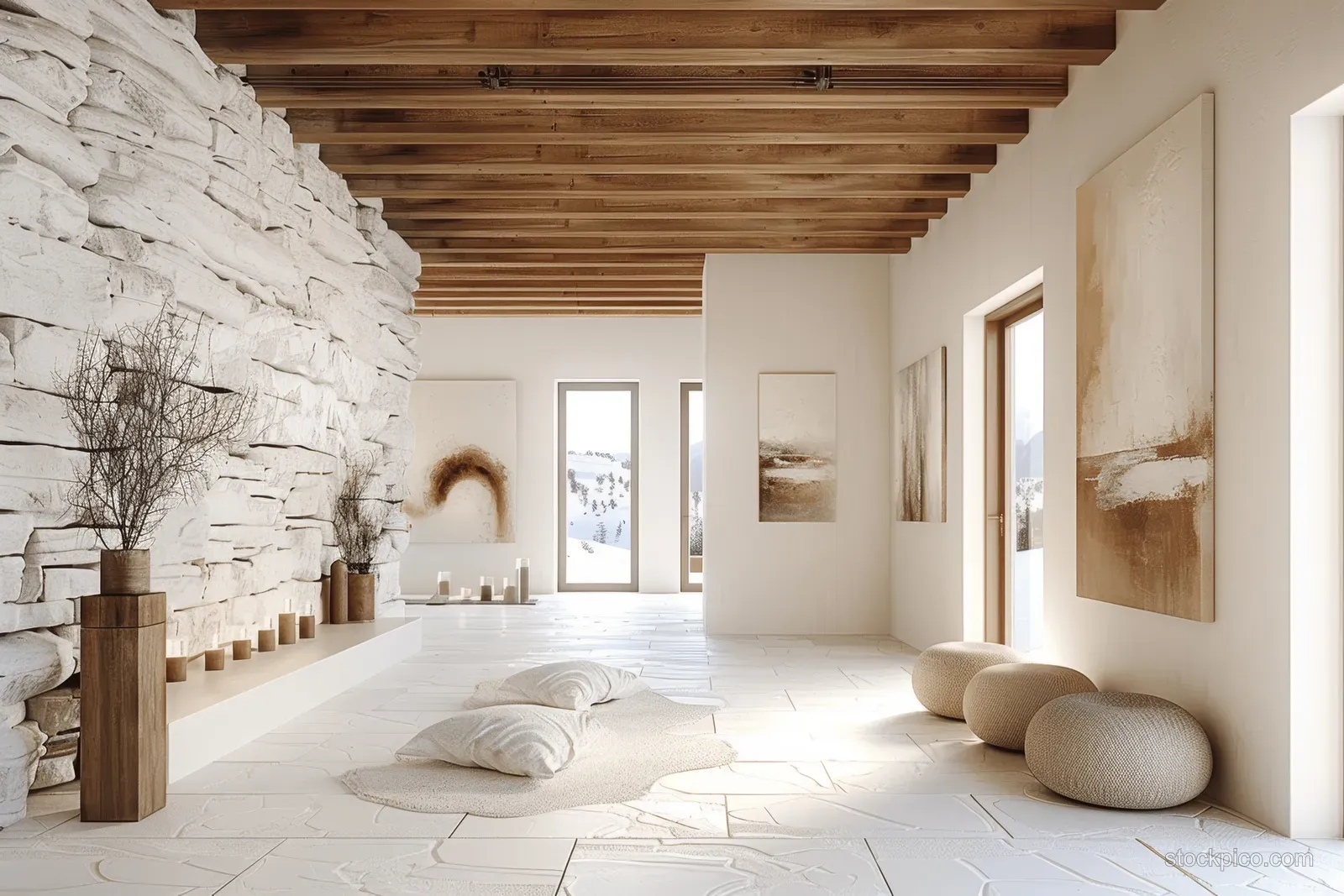 Minimalist entrance hall with white stone wall, wooden ceiling beams, large windows, and framed paintings.