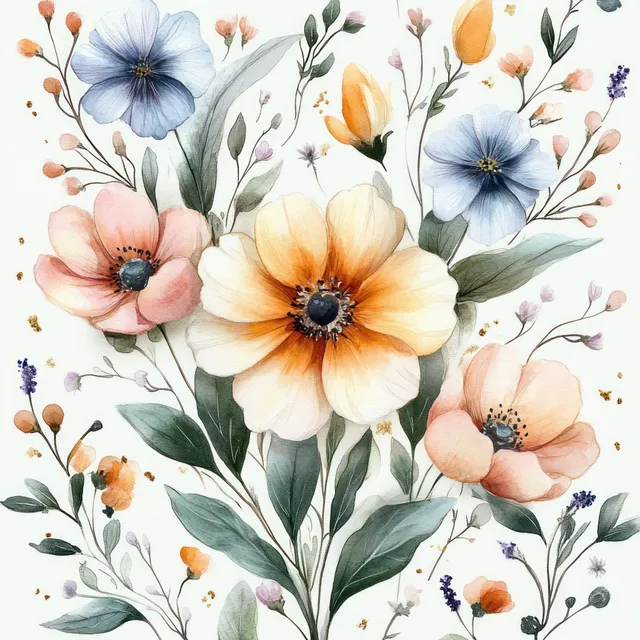 Seamless watercolor floral pattern with blue and pink blossoms, orange buds, and green leaves on a pale background.
