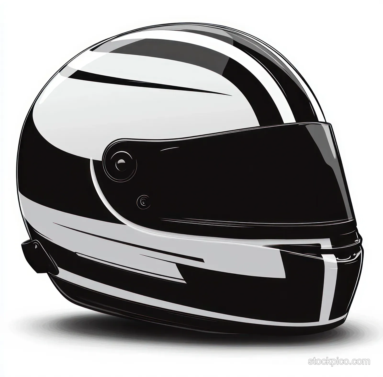 Glossy black-and-white full-face motorcycle helmet with a dark tinted visor isolated on a white background.