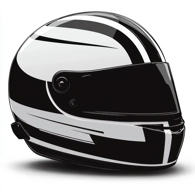 Glossy black-and-white full-face motorcycle helmet with a dark tinted visor isolated on a white background.