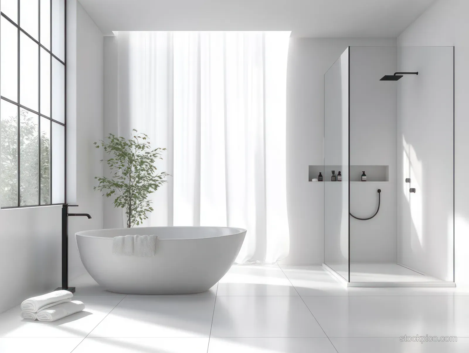 Minimal white bathroom scene with a freestanding bathtub and glass shower under bright window light.
