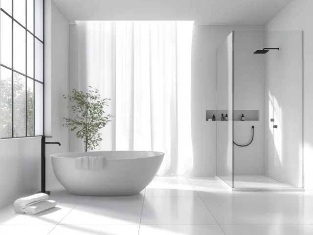 Minimal white bathroom scene with a freestanding bathtub and glass shower under bright window light.
