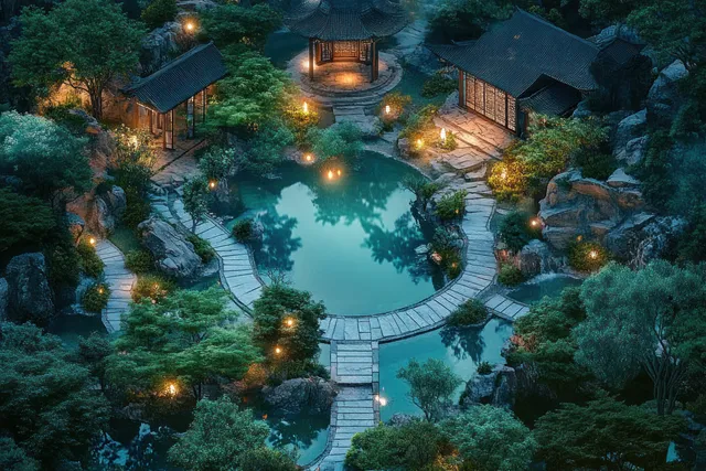 Lantern-lit fantasy map shows a river with a wooden bridge connecting forest paths and village buildings under dark night.