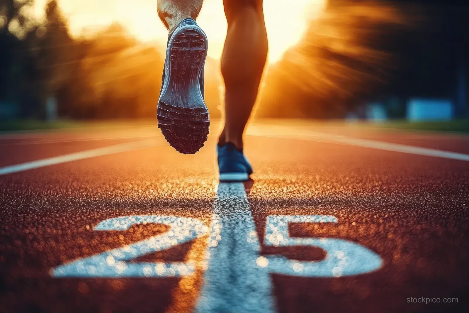A runner’s legs sprint along a track lane marked 25 in golden sunset light.