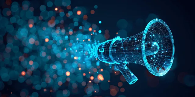 Digital megaphone blasting neon particles through dark futuristic bokeh background