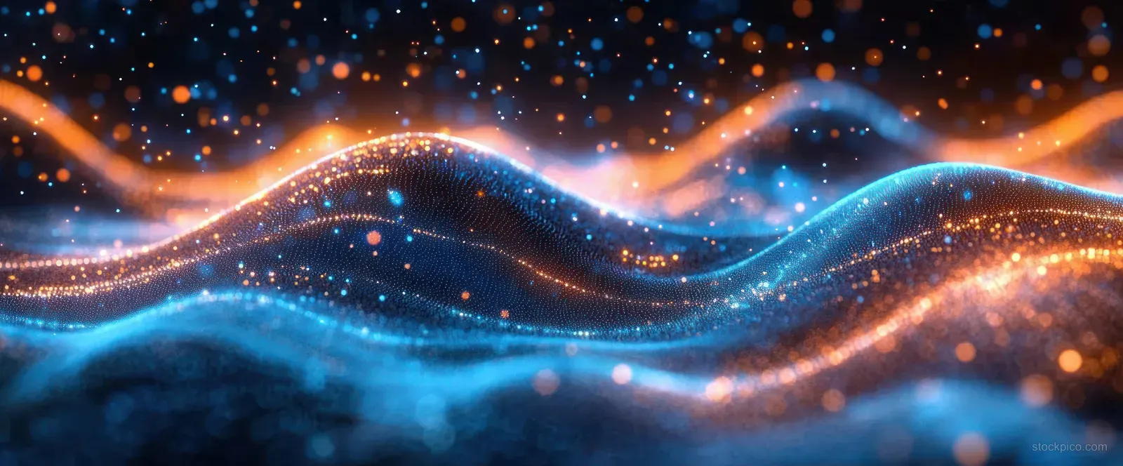 A glowing blue and orange digital wave made of particles ripples across a dark abstract technology background.