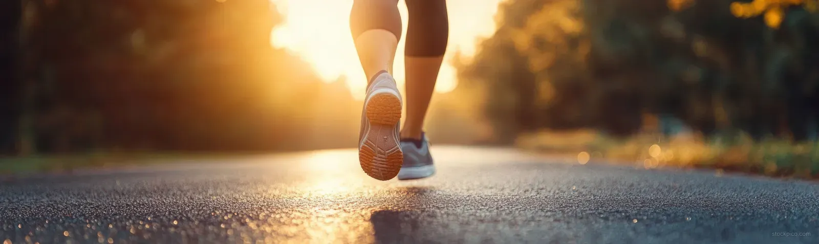 Female feet in running shoes walking along a sunlit pathway at sunrise with warm golden light.