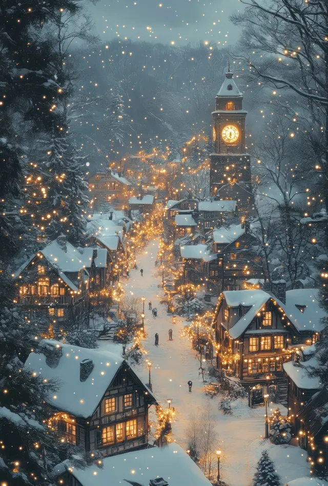 Snowflakes fall over a winter village street at night, with warm window lights and a glowing clock tower in the distance.