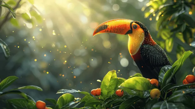 A toucan perched on lush tropical leaves in a sunlit rainforest with warm misty light behind it.
