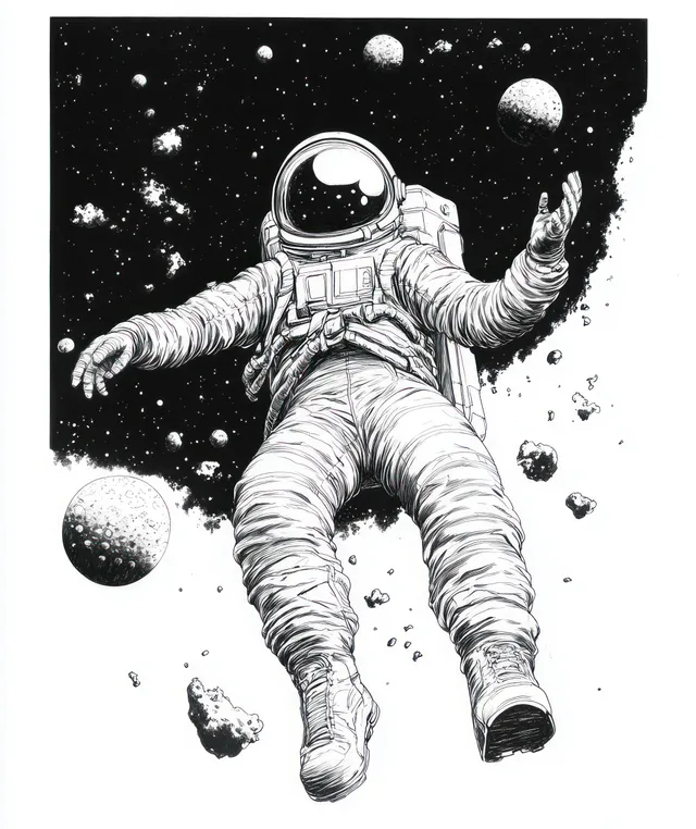 An astronaut floats weightlessly in space surrounded by planets, moons, and asteroids in black and white.
