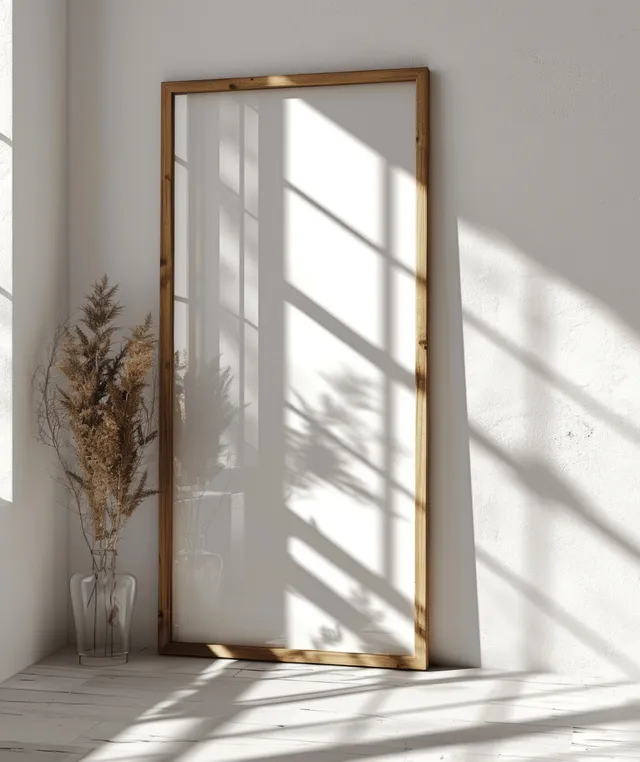 A thin wooden A3 frame mockup leans on a white wall with sharp window shadow reflections.