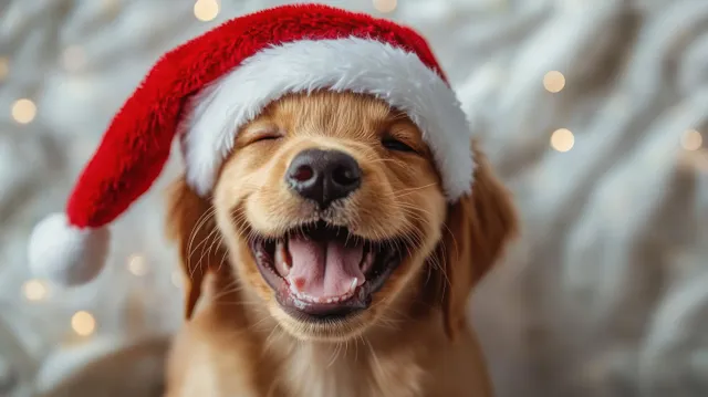 Laughing golden retriever puppy wearing a red and white Christmas hat, closeup winter bokeh