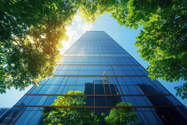 Sunlit tree canopy frames a tall glass skyscraper, whose facade reflects green foliage under a blue sky.