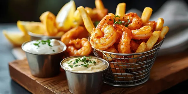 Crispy fries and fried shrimp in metal baskets with two cups of herb dipping sauces on a wooden board.