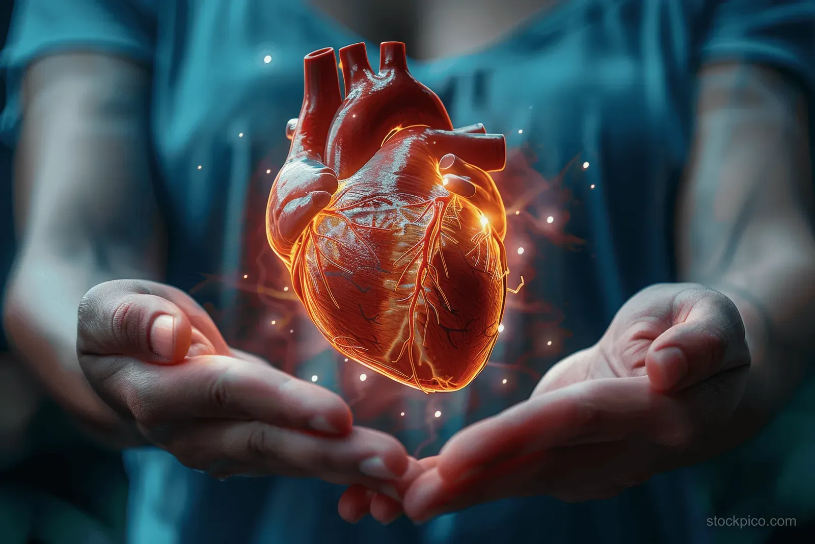 Hands cradle a glowing anatomical heart with an energy aura and floating light particles.